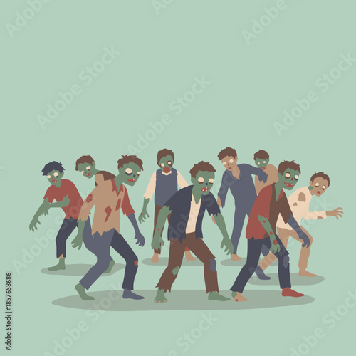 A group of cartoon zombies with green skin and tattered clothes walking together on a plain background.
