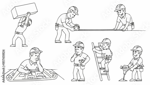 Construction Workers in Various Poses - A Black and White Illustration.