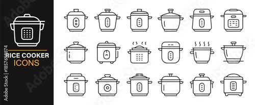 Electric rice cooker and cooking pot line icons