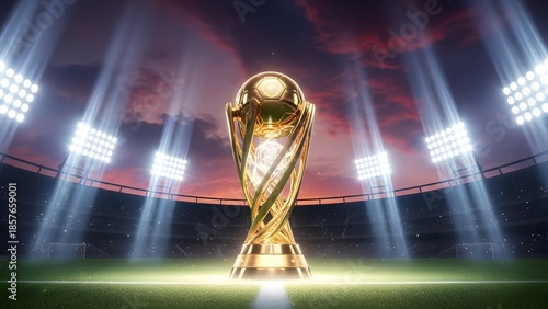 Golden World Cup Trophy Shines In Stadium Spotlight.