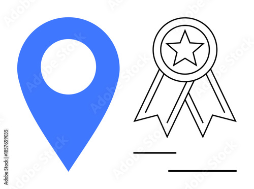 Navigation, location services, achievements, recognition, rewards, certifications. A blue map pin beside a ribbon badge with a star. Navigation and achievements for modern branding