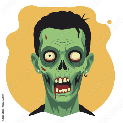 A detailed illustration of a green zombie head with blood dripping from its mouth and visible teeth, featuring pale eyes and earrings, set against a yellow background.