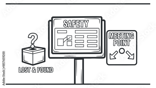 A safety information sign with lost and found and meeting point indicators in black and white outline vector style, suitable for emergency protocols and event management
