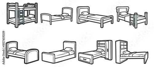 A collection of various bed designs including bunk beds, single beds, and double beds in minimalist outline style, suitable for interior design projects