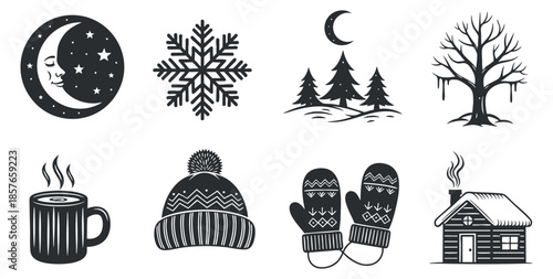 Winter season icons in black and white silhouette style, vector illustration isolated on transparent background.