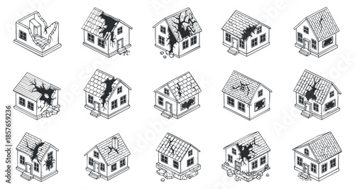 A collection of twelve damaged houses in black and white outline vector style, ideal for construction and renovation projects