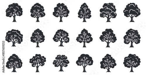 A collection of tree silhouettes in black flat vector style, suitable for environmental design and nature themes