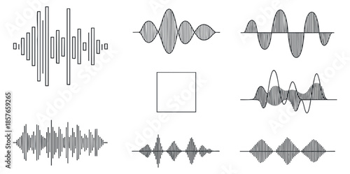 A collection of various sound waveforms and audio signals in minimalist black and white vector style, ideal for music and technology projects
