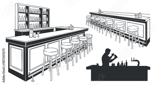 A collection of bar counter illustrations with stools and a bartender in minimalist black and white vector style, suitable for restaurant and bar design projects