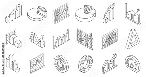 A collection of various business and finance graphs and charts in black and white outline vector style, ideal for data analysis and presentations