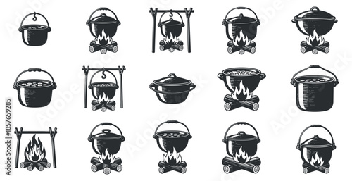 A collection of cooking pots and campfires in black and white vector style, ideal for culinary and outdoor-themed designs