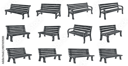 A collection of 12 various bench designs in black and white minimalist vector style, suitable for park and outdoor settings