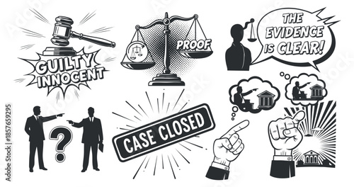 A collection of legal symbols including a gavel, scales of justice, and various courtroom gestures in black and white vector style, ideal for legal-themed projects