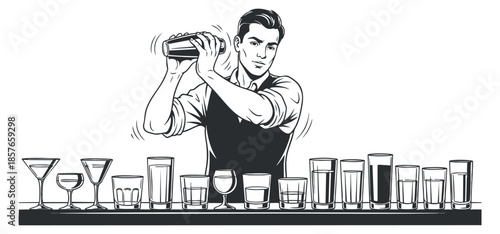 A bartender shaking a cocktail shaker with various glasses in a black and white vector style, ideal for bar and restaurant branding