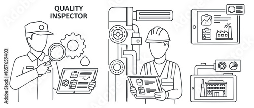 A quality inspector conducting inspections with tools and technology in a clean outline vector style, suitable for industrial and manufacturing contexts