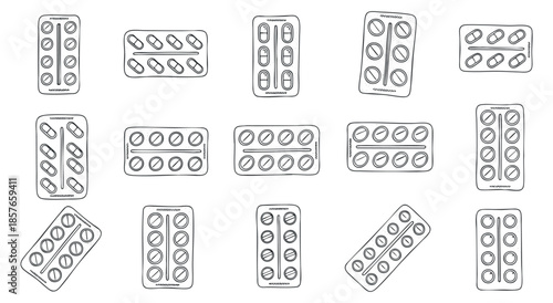 A collection of outlined pill and tablet packs in minimalist vector style, suitable for healthcare and pharmaceutical designs