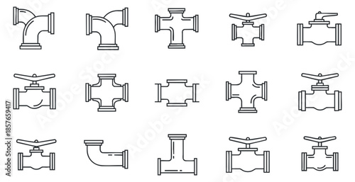 A collection of plumbing pipe fittings and valves in clean outline vector style, suitable for engineering and construction projects