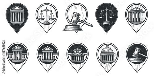 A collection of legal and justice icons featuring a gavel, scales, and court buildings in black and white vector style, suitable for legal branding and design