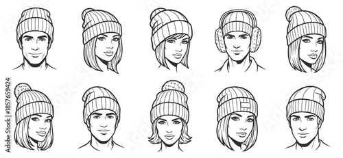 A collection of nine stylish characters wearing various beanies and winter hats in clean black and white vector style, perfect for fashion illustrations and clothing design