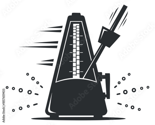 A metronome with a swinging pendulum in black and white vector style, ideal for music education and practice tools
