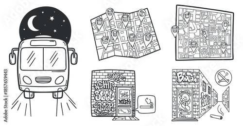 A collection of outlined illustrations featuring a bus, a city map, and various urban elements in black and white vector style, ideal for travel and navigation themes