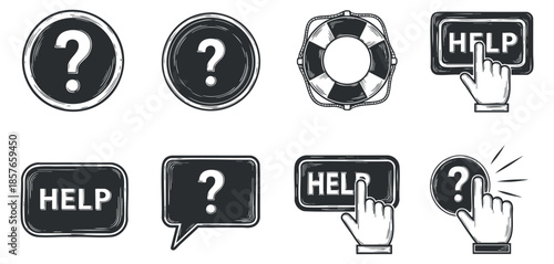 A set of help icons including question marks, lifebuoy, and hand gestures in black and white outline vector style, suitable for user assistance and support services