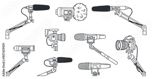 A collection of cameras and microphones in black and white outline vector style, ideal for media and production designs