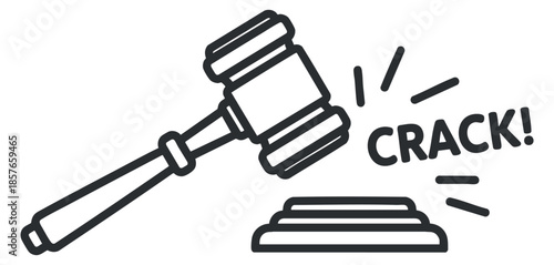 A gavel striking a sound block with a crack sound effect in outline vector style, ideal for legal and courtroom themes