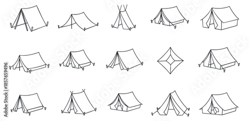 A collection of various camping tents in minimalist black and white vector style, suitable for outdoor adventure themes and travel designs