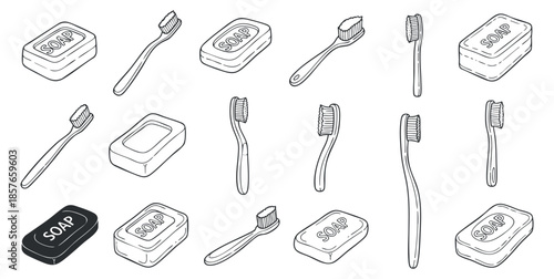A collection of toothbrushes and soap bars in outline vector style, suitable for hygiene and personal care projects