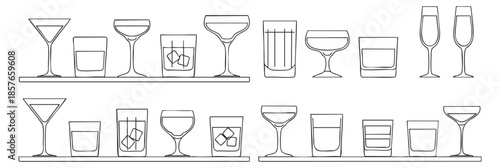 A collection of various drink glasses including cocktails and wine in minimalist outline vector style, ideal for bar menus and branding