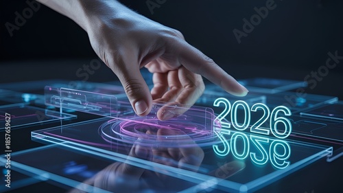 A futuristic scene with a hand interacting with a glowing 2026 display.