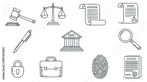 A collection of legal and judicial icons including a gavel, scales of justice, and documents in a minimalist outline vector style, suitable for law-related projects