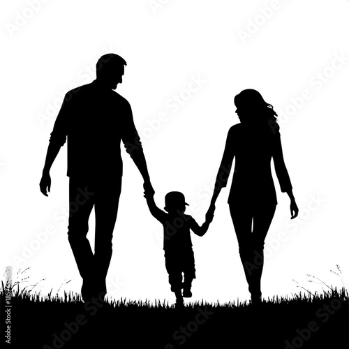 “A minimalist black silhouette of a family walking together across grass, father on the left, mother on the right, child in the center holding both hands, stark white background, clean graphic style, 