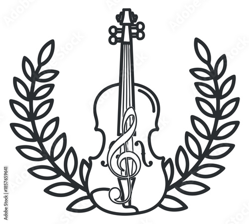 A violin entwined with a treble clef and surrounded by laurel leaves in black and white outline vector style, ideal for music-related branding and designs