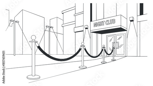 An outline illustration of a night club entrance with a rope barrier and modern architecture, suitable for nightlife-themed projects
