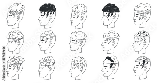 A collection of male profile illustrations showcasing various hairstyles in minimalist black and white vector style, suitable for creative projects and design applications