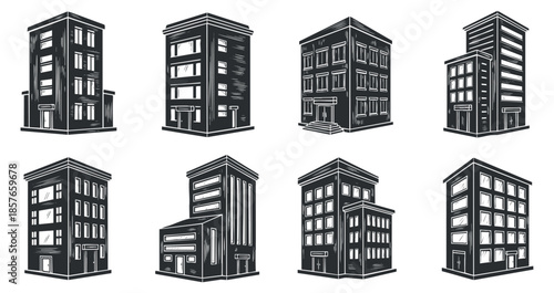 A collection of eight modern building illustrations in black and white outline vector style, ideal for architectural design projects