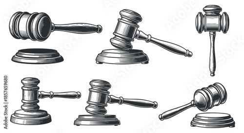 A set of gavel illustrations in detailed black and white outline style, ideal for legal and courtroom themes
