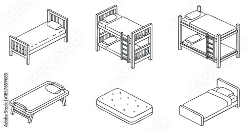 A collection of various bed designs including single, bunk, and foldable beds in minimalist outline vector style, ideal for interior design projects