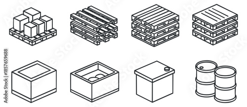 A collection of various storage containers including pallets, boxes, and barrels in clean line art vector style, ideal for logistics and warehouse applications