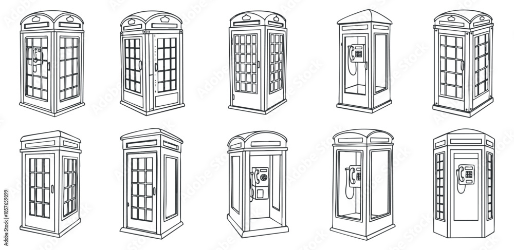 Fototapeta premium A collection of vintage telephone booths in outline vector style, perfect for urban design projects and illustrations