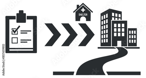 A checklist icon, arrows indicating direction, and a shelter building in minimalist black and white vector style, suitable for social services and community support themes