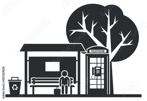 A bus stop scene with a bench, recycling bin, telephone booth, and a tree in minimalist black and white vector style, suitable for urban design projects