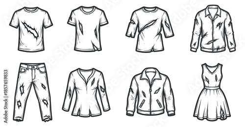 A collection of various clothing items including t-shirts, jeans, and dresses in minimalist black and white vector style, suitable for fashion design projects