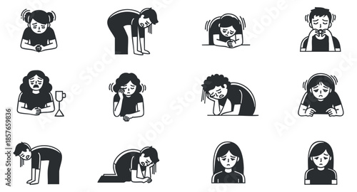 A collection of emotional icons depicting various feelings such as sadness, stress, and anxiety in black and white vector style, suitable for mental health illustrations
