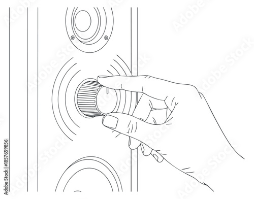 A hand adjusting a volume knob on a speaker in black and white minimalist vector style, suitable for audio and technology projects