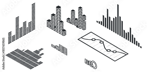A collection of various data visualization elements including bar graphs, line charts, and 3D charts in modern black and white vector style, ideal for business presentations and analytics reports