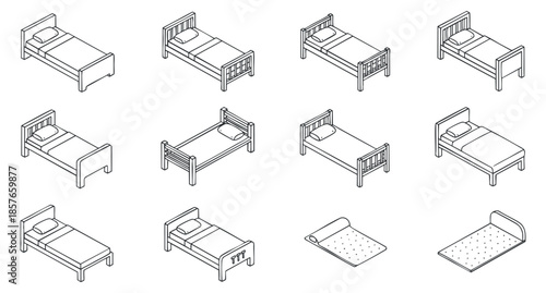 A collection of various bed designs in minimalist outline vector style, ideal for interior design projects and home decor