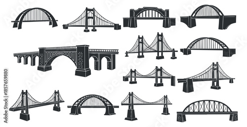 A collection of various bridge designs in black outline vector style, suitable for urban planning and architectural projects